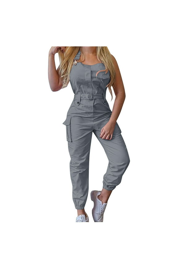 Women Cargo Jumpsuit Pants Adjustable Belted Pockets Bib Overalls Cinch Bottom Tapered Leg Hiking Romper Workwear