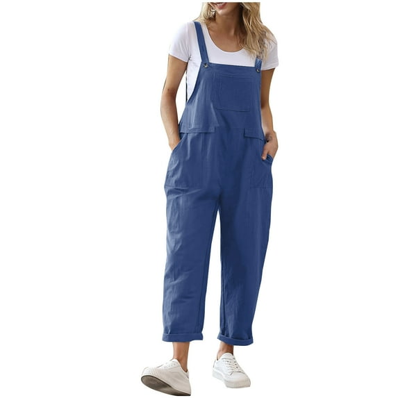 Women Cargo Jumpsuit with Pockets Women's Long Casual Loose Bib Pants Overalls Summer Sleeveless Rompers Jumpsuits New Blue XL