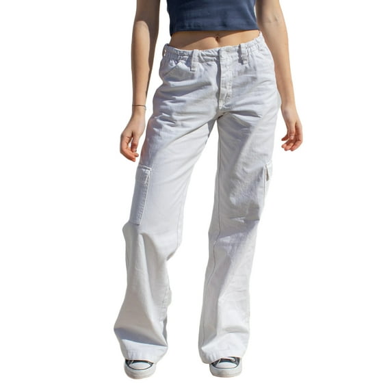 Women Cargo Long Trousers with Pockets Solid Fashion Street Style Button Zipper Mid Waist Loose Pants Palazzo with Pockets