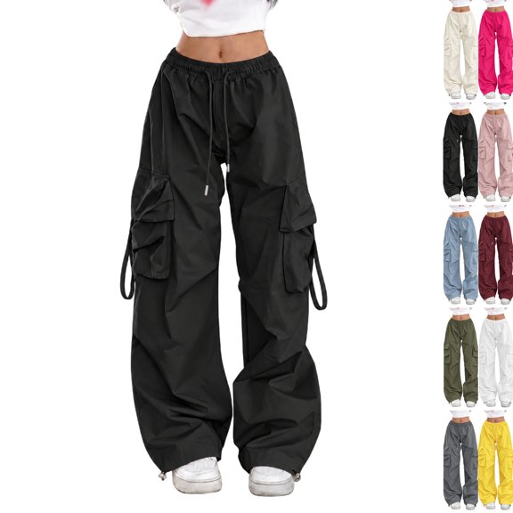 Women Cargo Pants High Waisted Baggy Pants Stretchy Wide Leg Streetwear Sweatpants Casual Hiking Workout Joggers with Drawstring & Pocket Black S