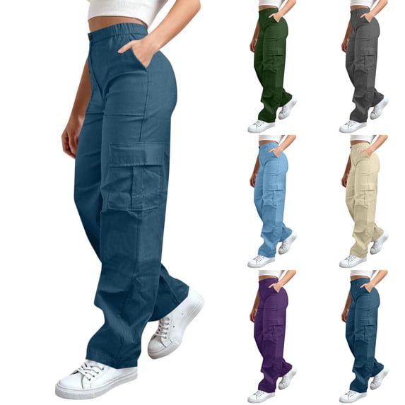Women Cargo Pants Loose Casual Long Pants Baggy Straight Wide Leg Trousers Pure Color High Waist Cargo Pants with Pockets Dark Gray L
