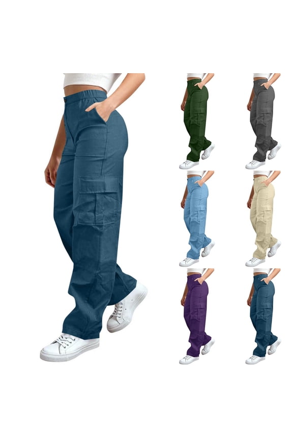Women Cargo Pants Loose Casual Long Pants Baggy Straight Wide Leg Trousers Pure Color High Waist Cargo Pants with Pockets Dark Gray L