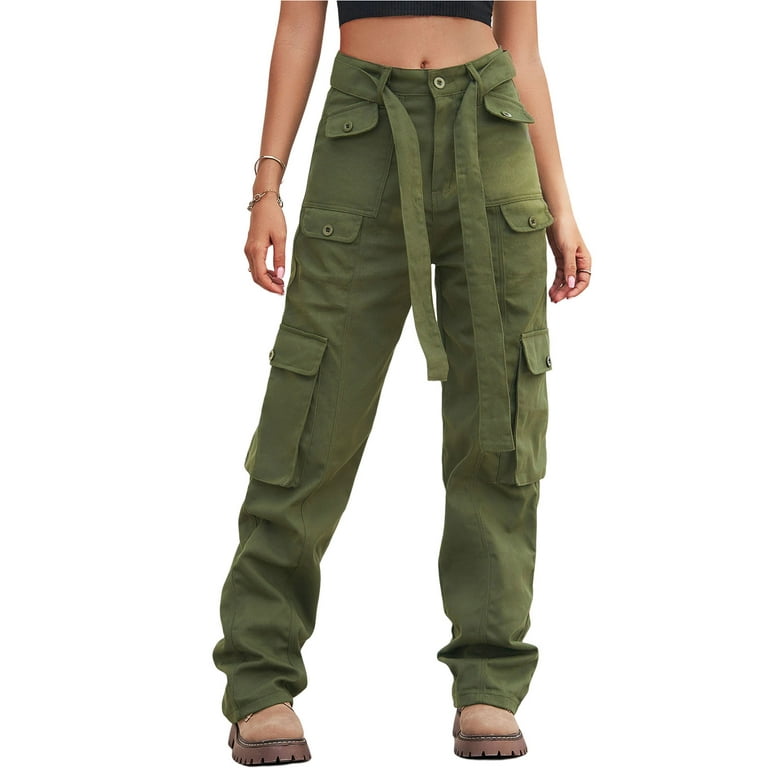 Women Casual Cargo Pants, Solid Color Loose Fit Trousers with Multiple  Pockets, Black/ Khaki/ Green