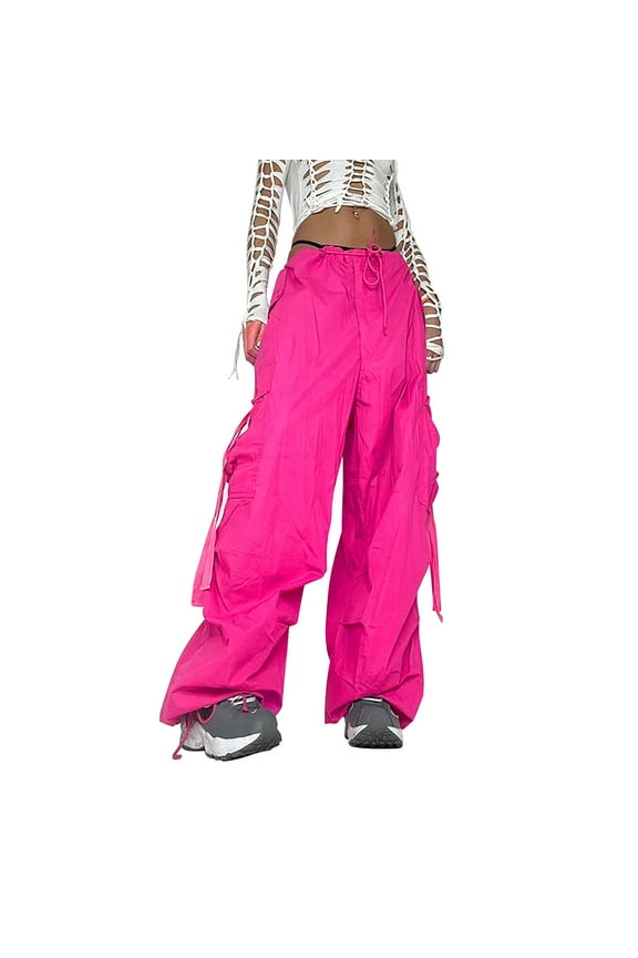 Women Cargo Pants Low Waist Trousers Wide Leg Baggy Y2K Streetwear Solid Pant with Pockets