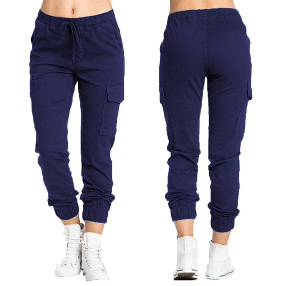 Women Cargo Pants Solid Color Elastic High Waisted Sweatpant Comfy Trousers Drawstring Lightweight Joggers Pants with Pockets