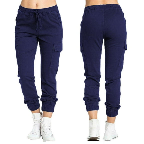 Women Cargo Pants Solid Color Elastic High Waisted Sweatpant Comfy Trousers Drawstring Lightweight Joggers Pants with Pockets
