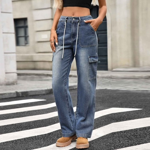 Women Cargo Pants With Pockets Women's Casual Drawstring Button Zipper Side Pocket Comfortable Straight-Leg Workwear Denim Trousers Blue S
