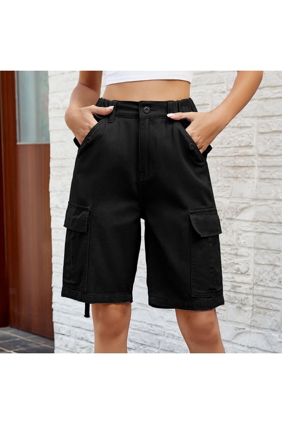 Women Cargo Pants Women New Fashion Button Zipper Solid Pants 1/2 Casual Pants Half Shorts Pants Capri Pants Comfy Trousers Elastic Pants