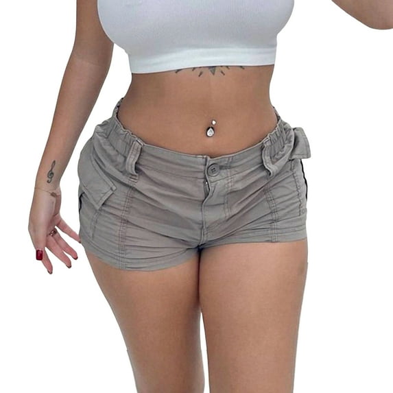 Women Cargo Shorts, Solid Color Vintage Elastic Casual Summer Low Waist Shorts with Pockets