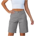thumbnail image 1 of Women Cargo Shorts - Stretch Elastic High Waisted Bermuda Button Closure Straight Leg Above Knee Length Shorts with Pockets, Gray, M, 1 of 1