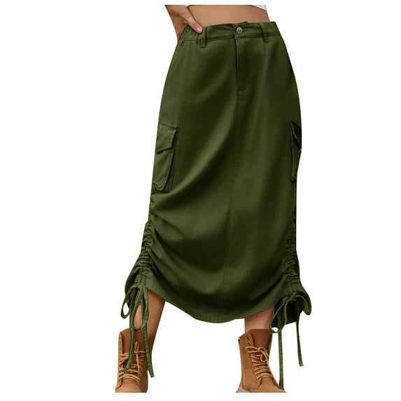 Women Cargo Skirt Denim Jeans Skirts Elastic High Waist Button Drawstring Skirts Y2k Vintage Streetwear with Flap Pockets Maxi Long Bodycon Pencil Skirts