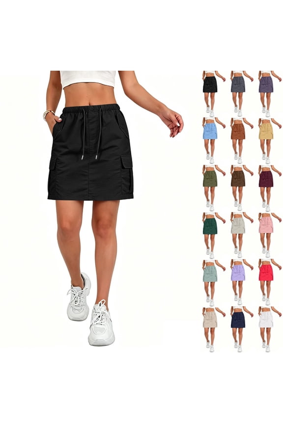Women Cargo Skirt Fashion High Waist Drawbag Skirt Casual Loose Trendy Mini Skirt With Multiple Pockets for Going Out 15# Black S