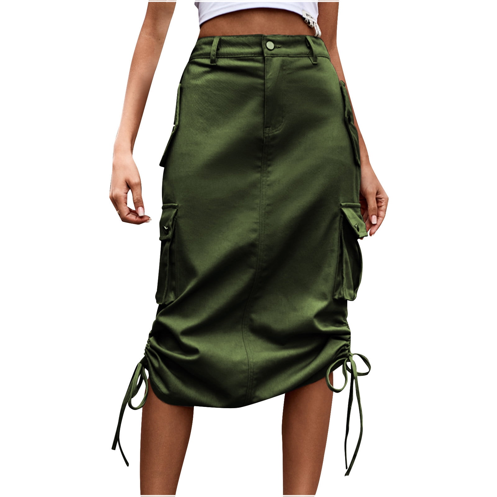 Women Cargo Skirt Mid Length Denim Skirt Side Drawstring