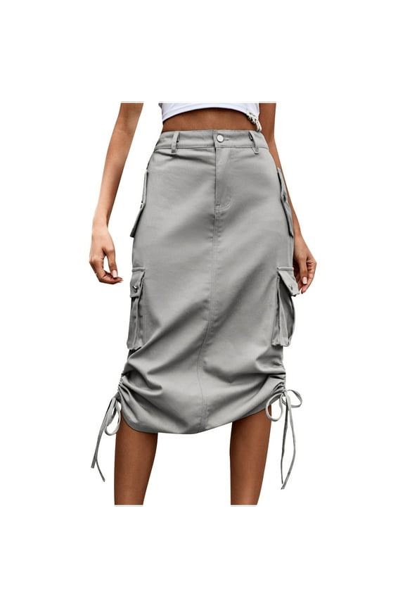 Women Cargo Skirt Mid Length Denim Skirt Side Drawstring Casual Skirt Baggy with Pockets Vintage High Waist Midi Skirts Streetwear Gray,L