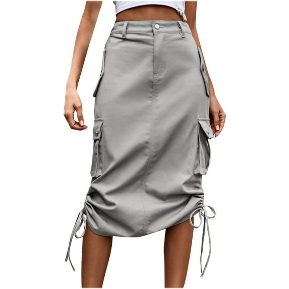 Women Cargo Skirt Mid Length Denim Skirt Side Drawstring Casual Skirt Baggy with Pockets Vintage High Waist Midi Skirts Streetwear Gray,M
