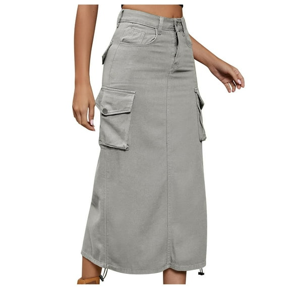 Women Cargo Skirt Midi Y2k Skirt Vintage Ruched Drawstring Long Denim Skirts Streetwear with Pockets