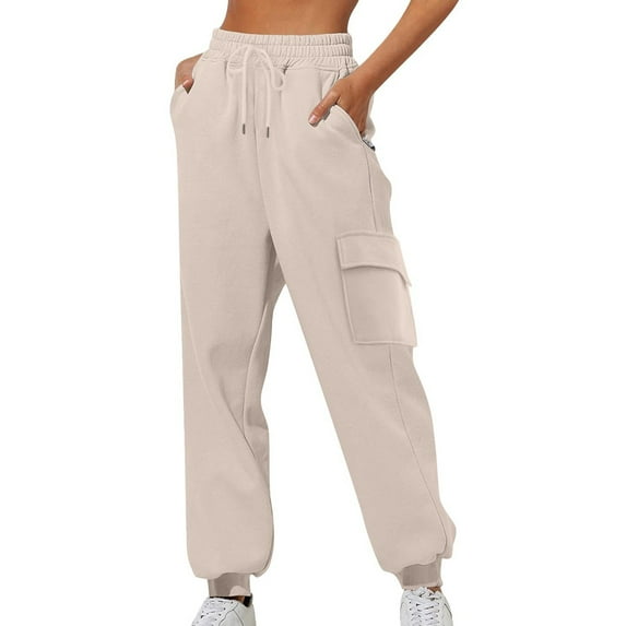 Women Cargo Sweatpants, High Waisted Baggy Pants, Fashion Solid Color Workout Active Drawstring Elastic Waist Athletic Joggers with Zipper Pockets