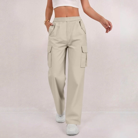 Women Cargo Sweatpants High Waisted Straight Leg Loose Pants Casual Comfort Fashion Trousers with Pockets Beige M
