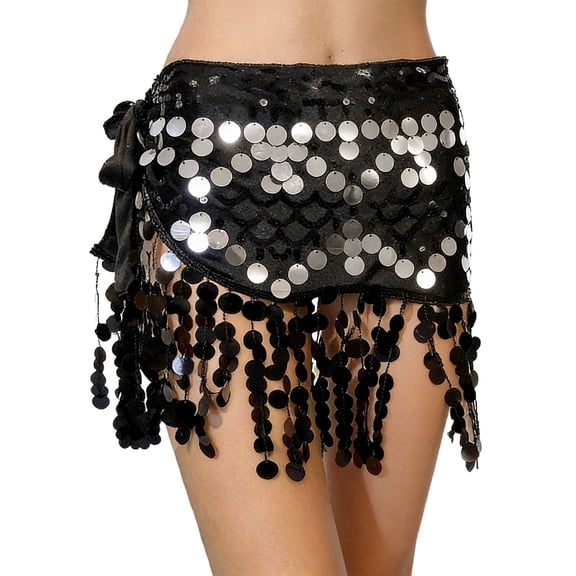Women Carnival Mini Skirt Belly Dance Sequins Fringe Waist Chain Elegant Perfomance Silver Skirt One Size