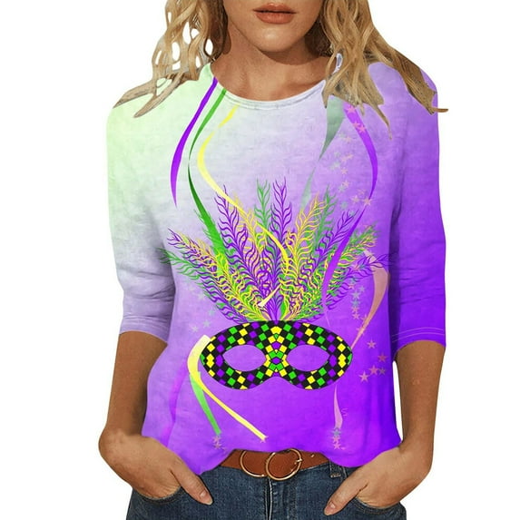 Women Carnival Printed Patchwork Color Sequins Shirt 3/4 Sleeve Tunic Tops Crewneck Blouse Loose Tshirt for Womens B-White XXL