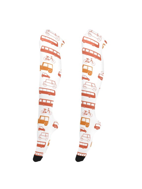 Women Cartoon Cars Bicycle Pattern Over Knee Thigh High Socks