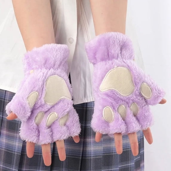 Women Cartoon Cat Claw Gloves Thickened Plush Lovely Style Bear Paw Exposed Fingers Half Winter Mittens Warm Girls Gift Gloves (D)