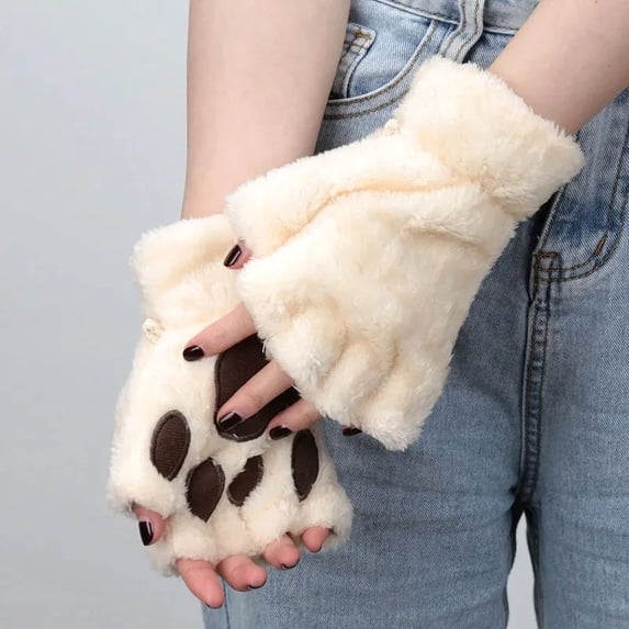Women Cartoon Cat Claw Gloves Thickened Plush Lovely Style Bear Paw Exposed Fingers Half Winter Mittens Warm Girls Gift Gloves (E)