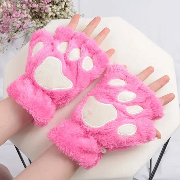 Women Cartoon Cat Claw Gloves Thickened Plush Lovely Style Bear Paw Exposed Fingers Half Winter Mittens Warm Girls Gift Gloves (H)