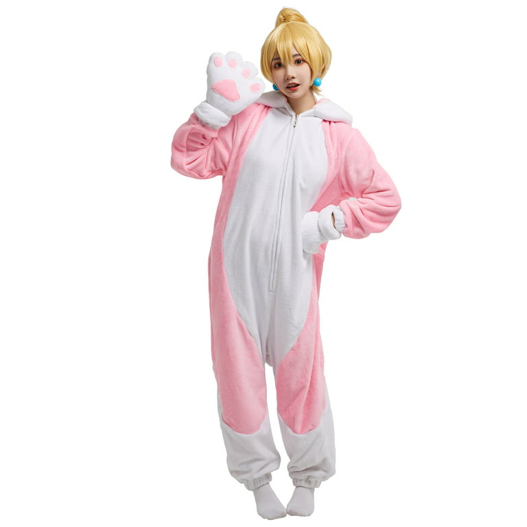 Women Cartoon Princess Onesie Pajama Cat Pink Jumpsuit Adult Homewear  Kigurumi Hooded Loungewear 