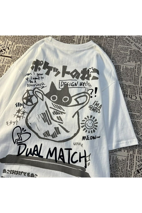 Women Cartoon T-Shirts Summer Harajuku Kawaii Cat Printed Short Sleeve Tees Female Couple Streetwear Loose Clothes Y2K Tops