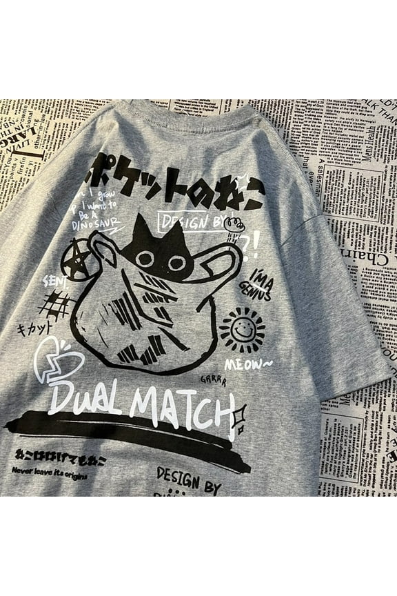 Women Cartoon T-Shirts Summer Harajuku Kawaii Cat Printed Short Sleeve Tees Female Couple Streetwear Loose Clothes Y2K Tops