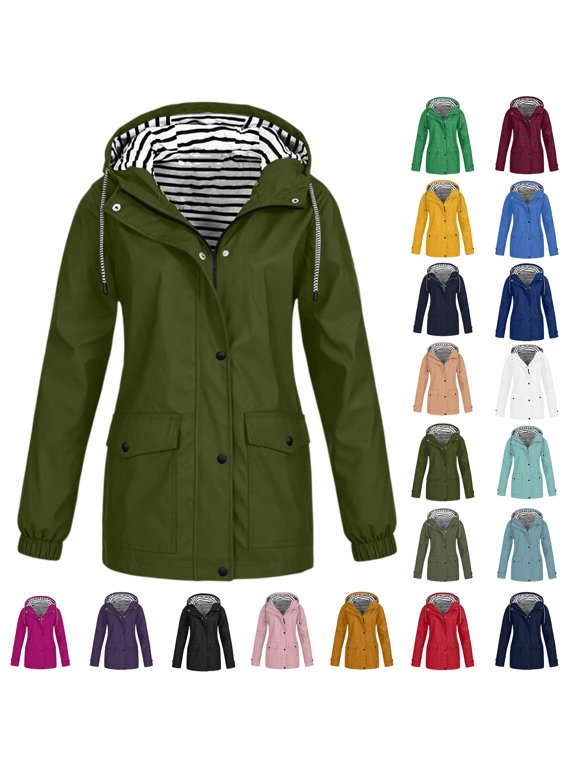 Women Casaul Solid Jackets Outdoor Plus Size Drawstring Zipper Hooded Raincoat Windproof Tops Coat With Pocket,4XL,B-Army Green