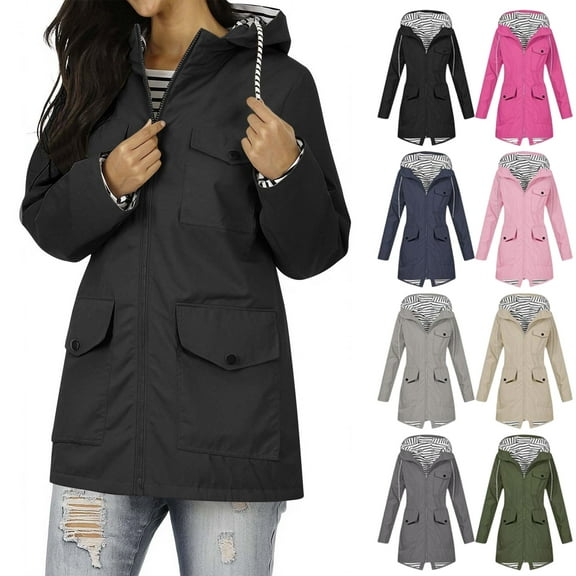 Women Casaul Solid Jackets Outdoor Plus Size Drawstring Zipper Hooded Raincoat Windproof Tops Coat With Pocket