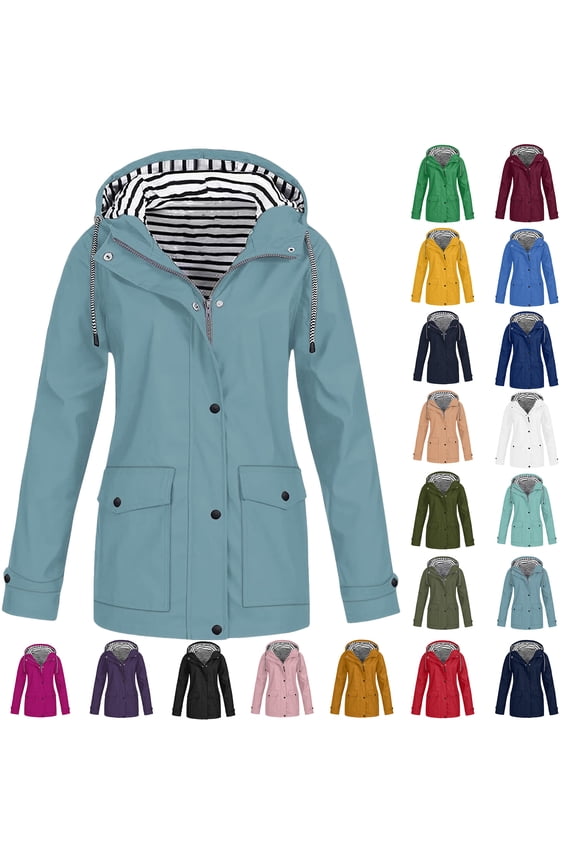 Women Casaul Solid Jackets Outdoor Plus Size Drawstring Zipper Hooded Raincoat Windproof Tops Coat With Pocket