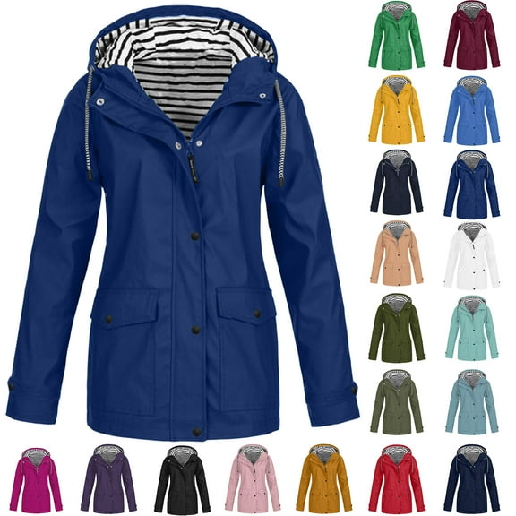Women Casaul Solid Jackets Outdoor Plus Size Drawstring Zipper Hooded Raincoat Windproof Tops Coat With Pocket