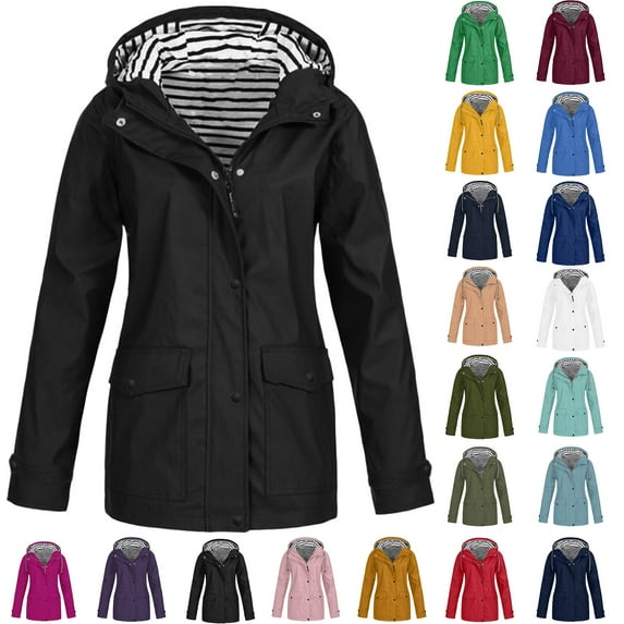 Women Casaul Solid Jackets Outdoor Plus Size Drawstring Zipper Hooded Raincoat Windproof Tops Coat With Pocket