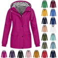 thumbnail image 1 of Women Casaul Solid Jackets Outdoor Plus Size Drawstring Zipper Hooded Raincoat Windproof Tops Coat With Pocket, 1 of 6