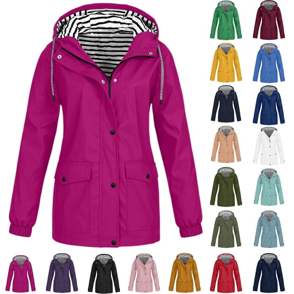 Women Casaul Solid Jackets Outdoor Plus Size Drawstring Zipper Hooded Raincoat Windproof Tops Coat With Pocket