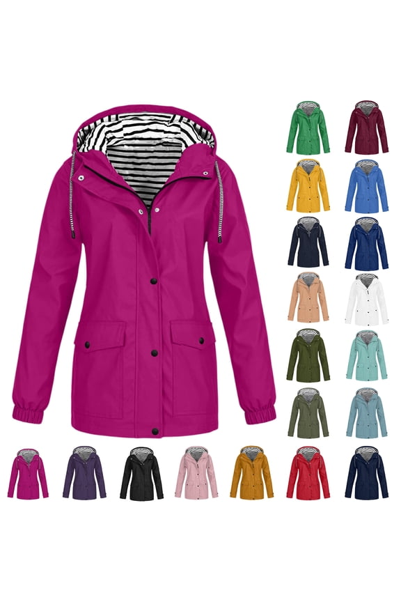 Women Casaul Solid Jackets Outdoor Plus Size Drawstring Zipper Hooded Raincoat Windproof Tops Coat With Pocket