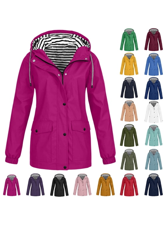 Women Casaul Solid Jackets Outdoor Plus Size Drawstring Zipper Hooded Raincoat Windproof Tops Coat With Pocket