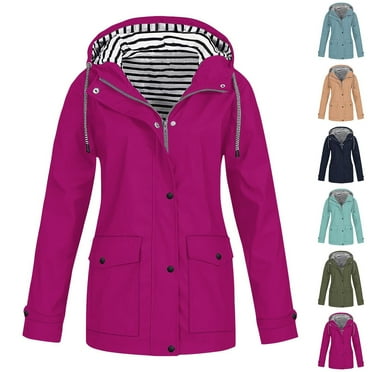 Women Casaul Solid Jackets Outdoor Plus Size Drawstring Zipper Hooded Raincoat Windproof Tops Coat With Pocket