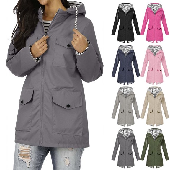 Women Casaul Solid Jackets Outdoor Plus Size Drawstring Zipper Hooded Raincoat Windproof Tops Coat With Pocket