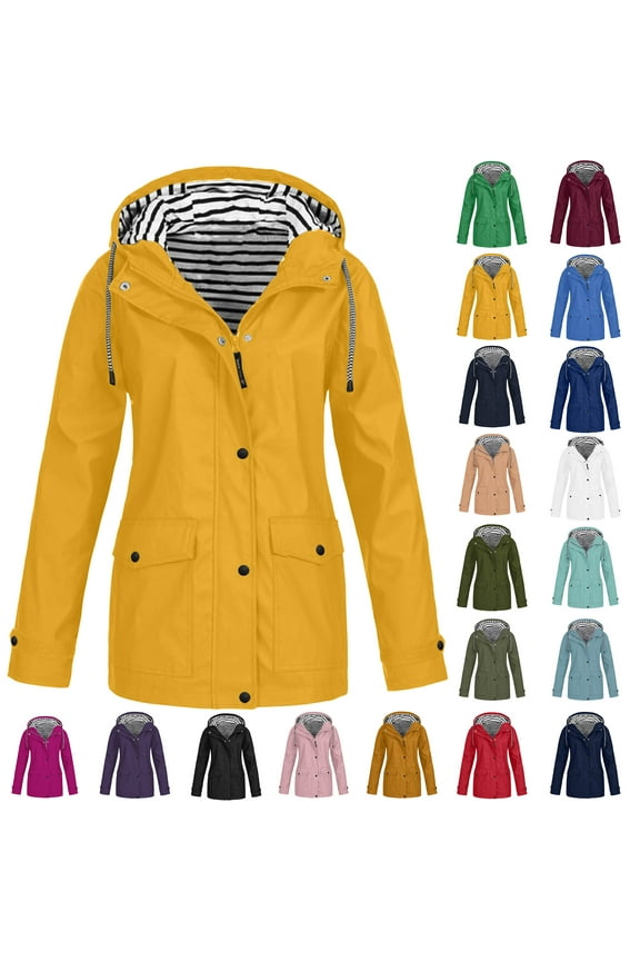 Women Casaul Solid Jackets Outdoor Plus Size Drawstring Zipper Hooded Raincoat Windproof Tops Coat With Pocket