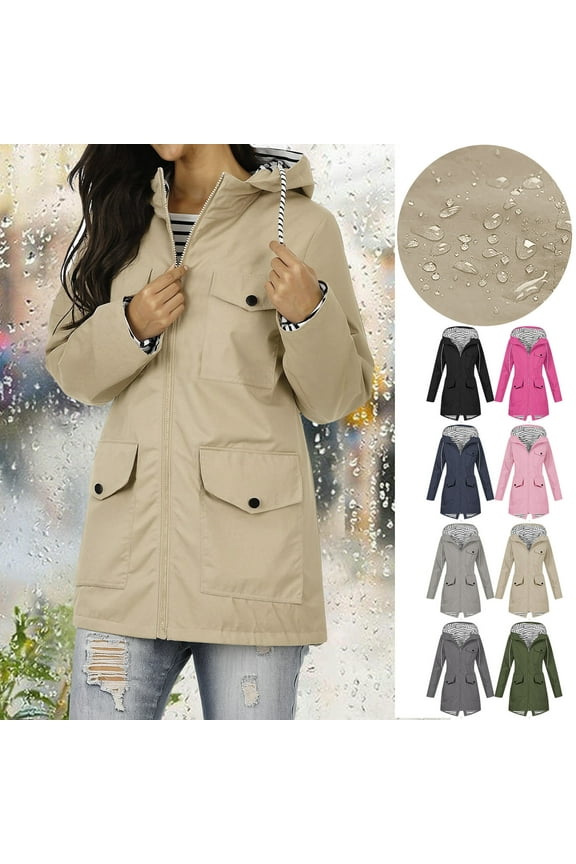 Women Casaul Solid Jackets Outdoor Plus Size Drawstring Zipper Hooded Raincoat Windproof Tops Coat With Pocket