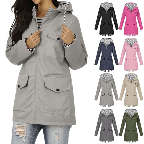 Women Casaul Solid Jackets Outdoor Plus Size Drawstring Zipper Hooded Raincoat Windproof Tops Coat With Pocket