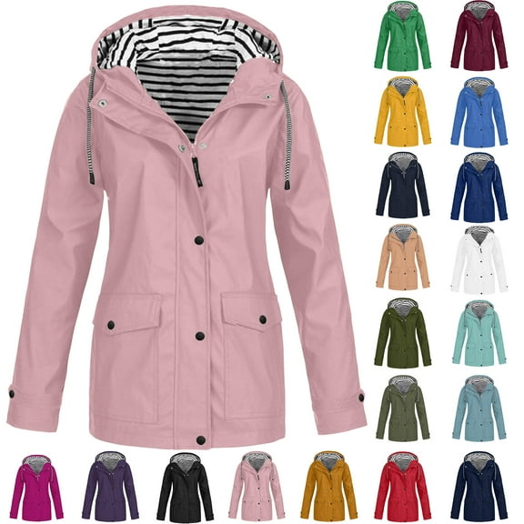 Women Casaul Solid Jackets Outdoor Plus Size Drawstring Zipper Hooded Raincoat Windproof Tops Coat With Pocket