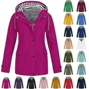 EGZMBLL Women Casaul Solid Jackets Outdoor Plus Size Drawstring Zipper Hooded Raincoat Windproof Tops Coat With Pocket
