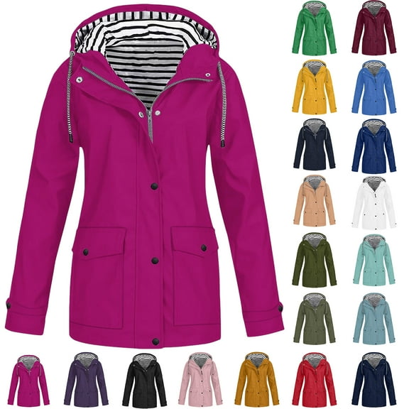 Women Casaul Solid Jackets Outdoor Plus Size Drawstring Zipper Hooded Raincoat Windproof Tops Coat With Pocket
