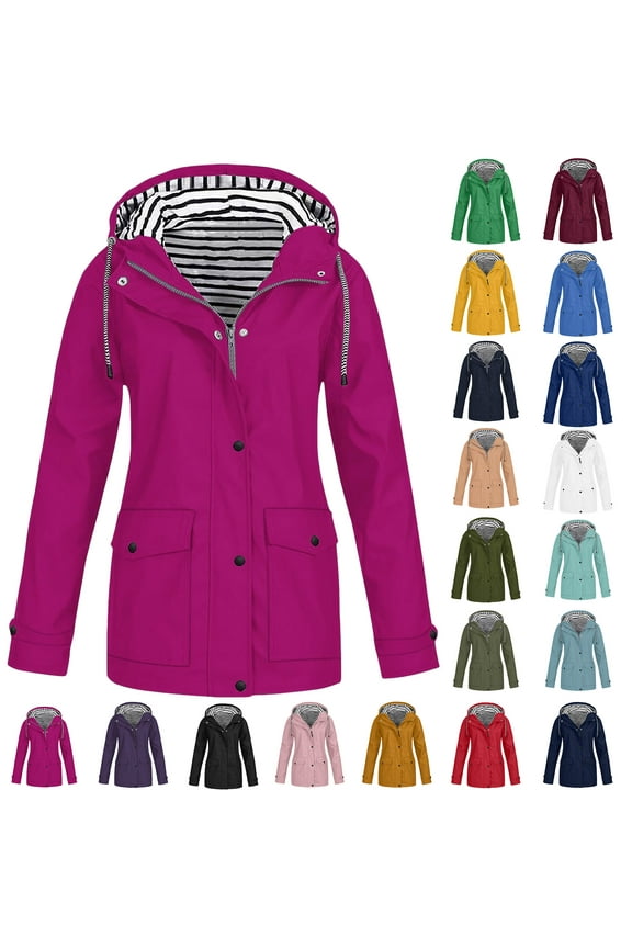 Women Casaul Solid Jackets Outdoor Plus Size Drawstring Zipper Hooded Raincoat Windproof Tops Coat With Pocket