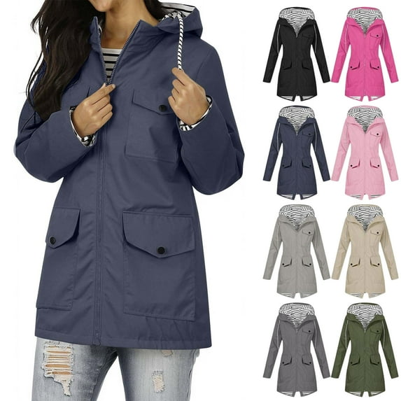 Women Casaul Solid Jackets Outdoor Plus Size Drawstring Zipper Hooded Raincoat Windproof Tops Coat With Pocket